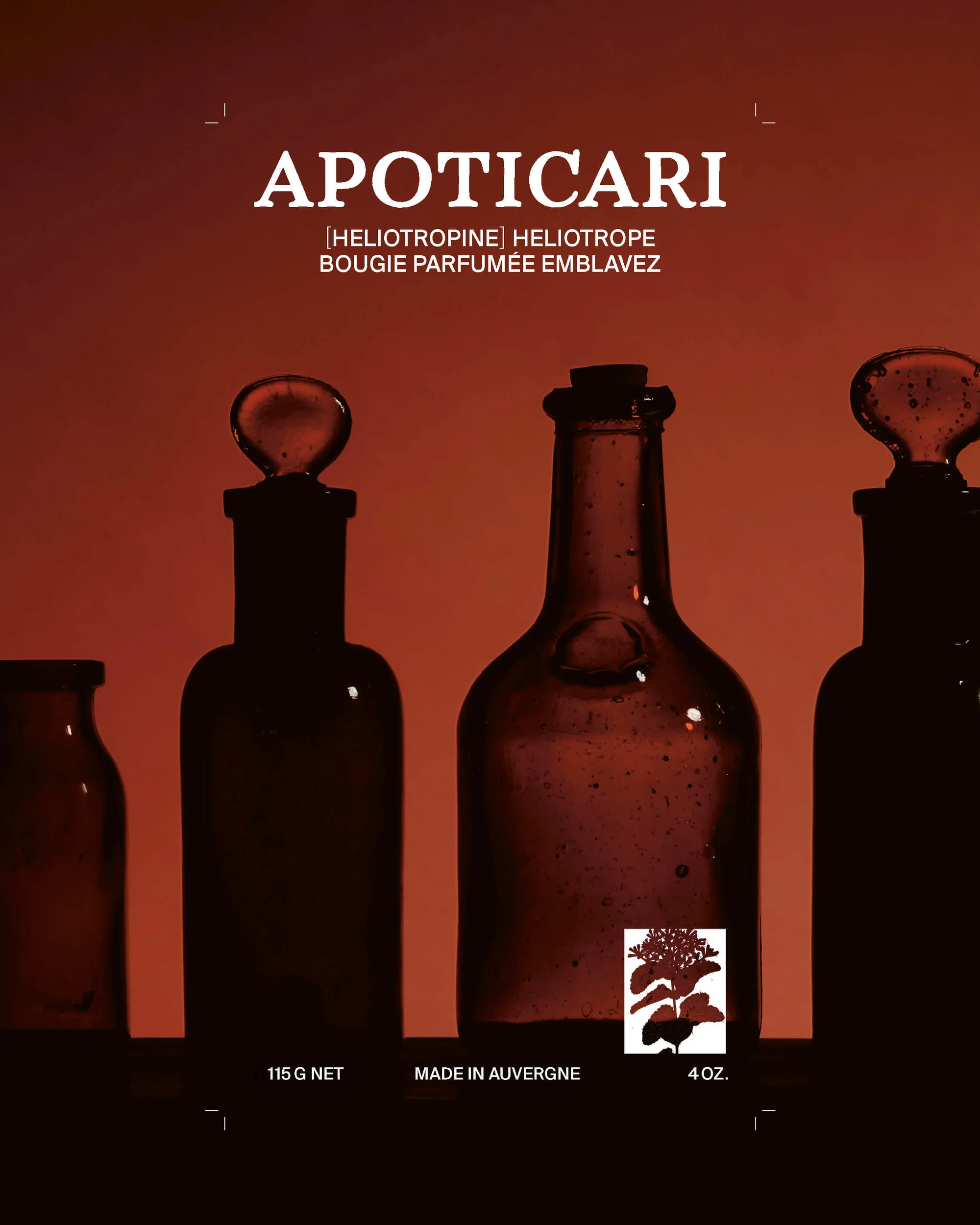 Row of amber apothecary bottles with glass stoppers sit in front of a faded orange backdrop creating a vintage and elegant display.