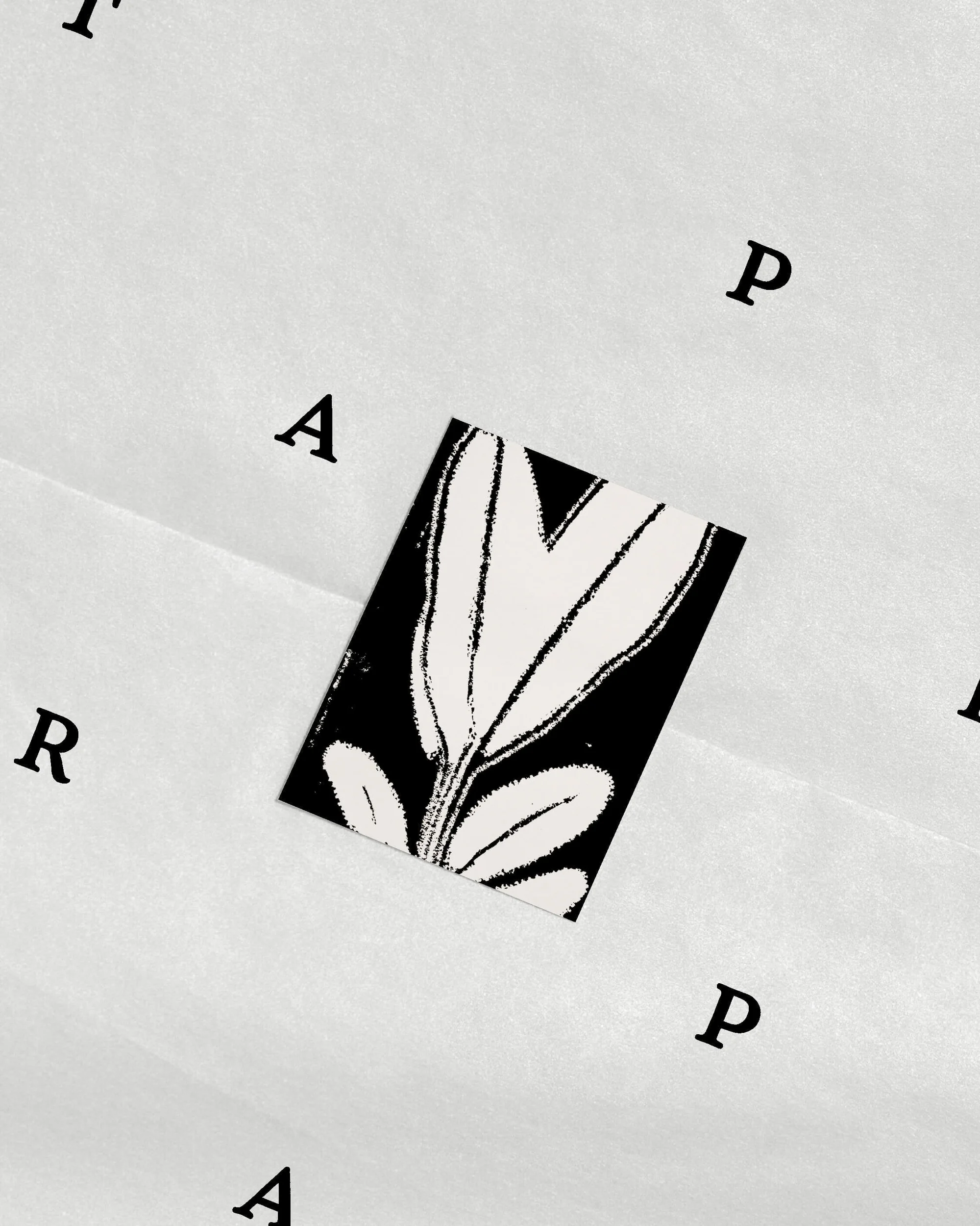 Elevated shot of a white greeting card with an abstract floral design on a white textured surface with black sans-serif letters.