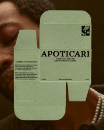 Close-up of a person partially covered by a green Apoticari soap packaging flat lay template against a dark background.