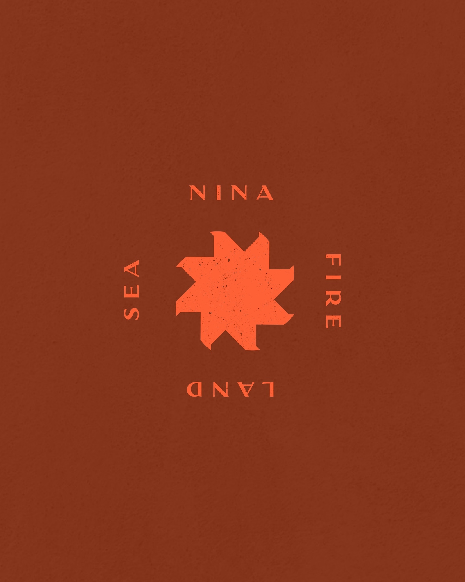 Graphical illustration with text: Nina, Sea, Fire, Land. Orange star symbol in center, against a solid rust-colored background.