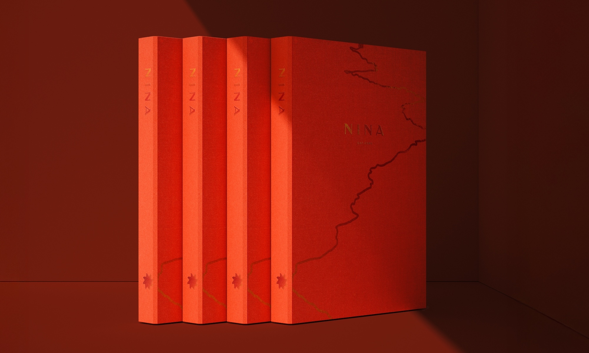 Four red hardcover books are stacked vertically, with the spine of each book visible, featuring the word "NINA" and a small graphic.