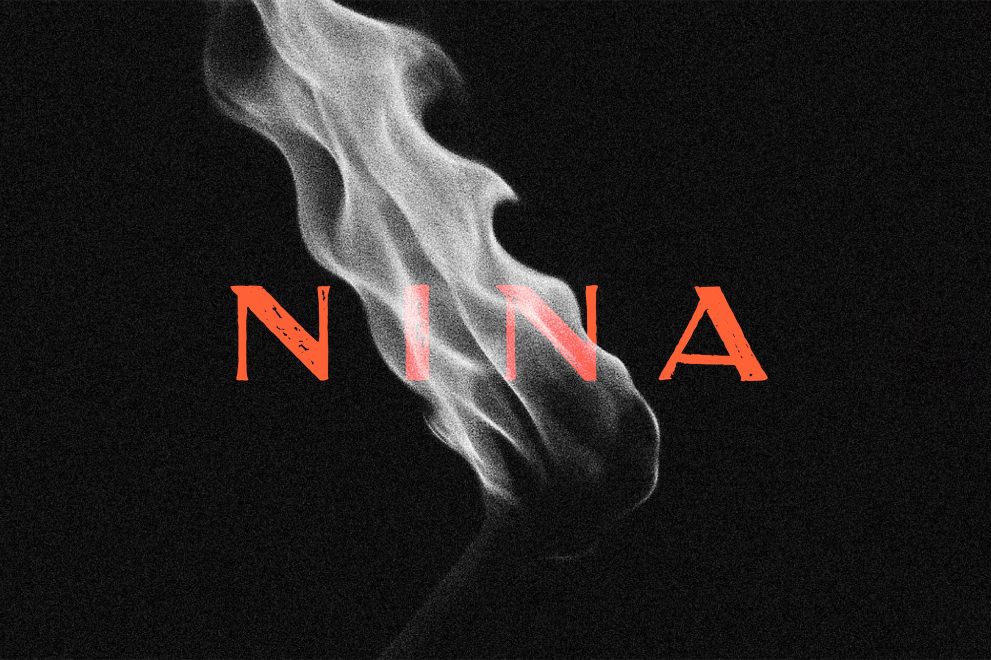 Abstract image featuring a smoky form against a dark, grainy background, with the word 'NINA' in orange text overlaying the smoke.