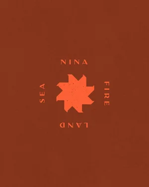 Minimalist graphic design featuring a central terracotta star symbol surrounded by the words Nina, Sea, Land, and Fire.