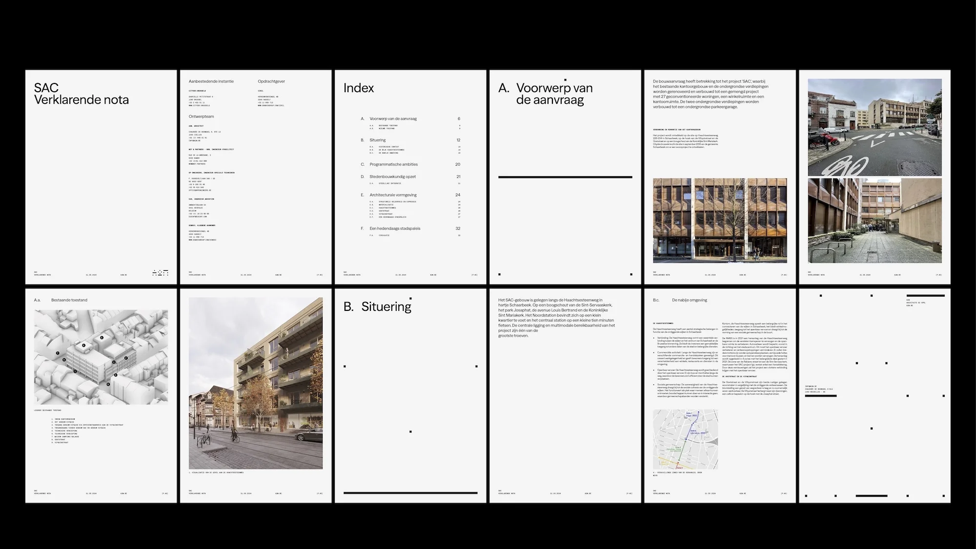 Architectural document showcasing building designs, street scenes, and technical schematics, presented in a modern, minimalist style layout.