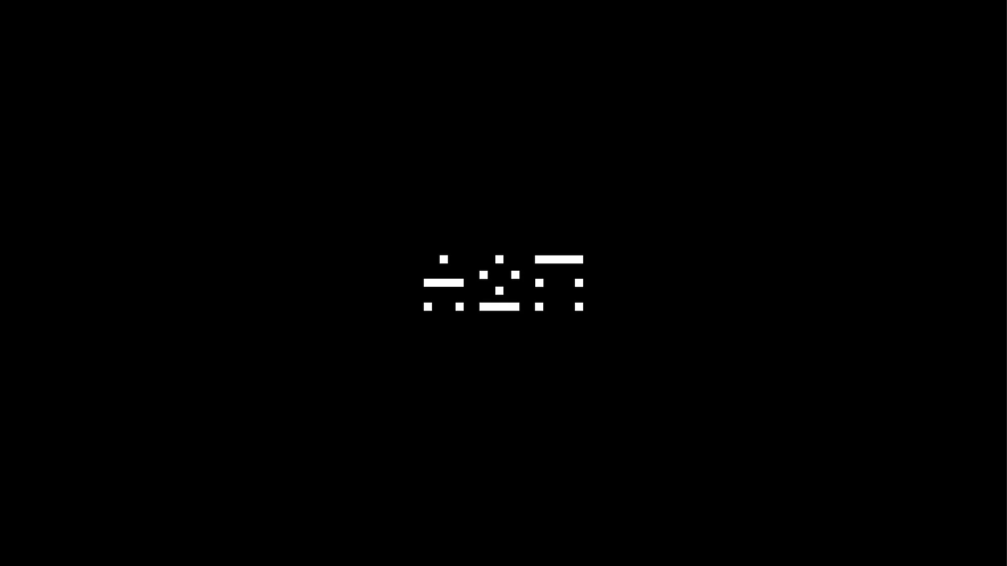 Abstract digital art featuring an arrangement of small white shapes resembling pixelated characters on a solid black background.