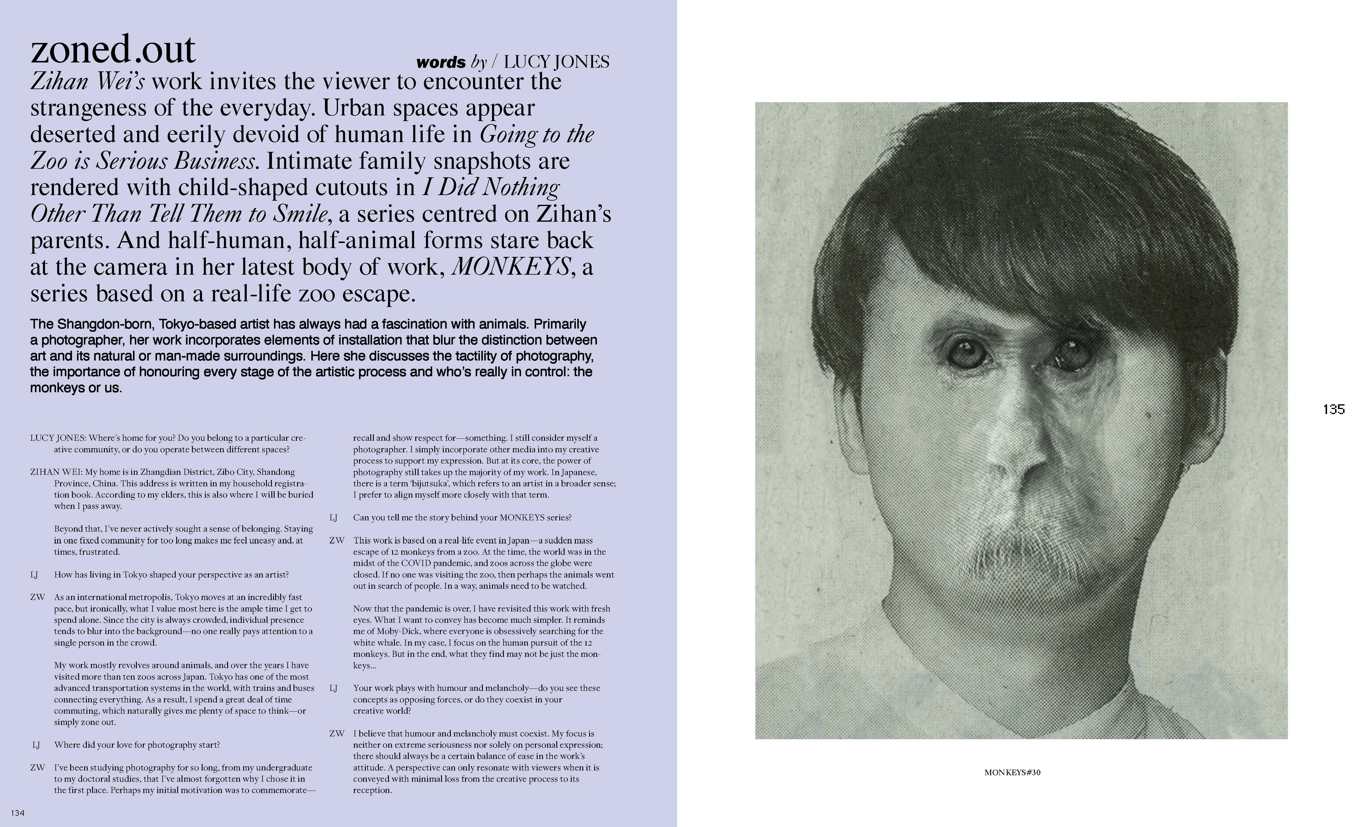 Monochromatic illustration features an unsettling face with child-like features in eyes and mouth, created with cutouts and collage.