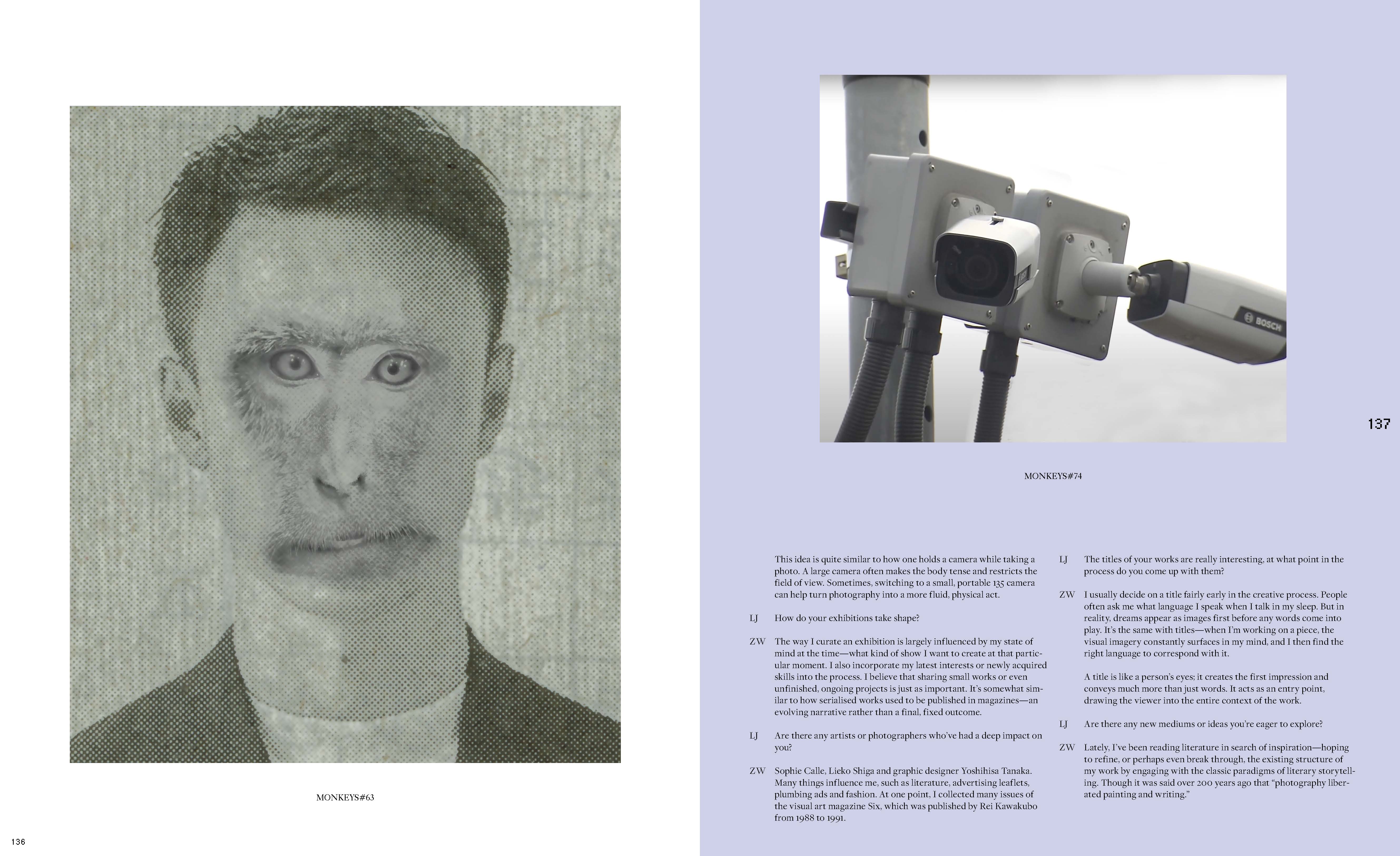 Composite image: a man's face partially replaced with monkey features beside security cameras, evokes a thought-provoking commentary.