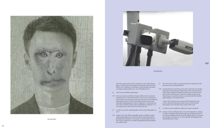 Composite image: a man's face partially replaced with monkey features beside security cameras, evokes a thought-provoking commentary.