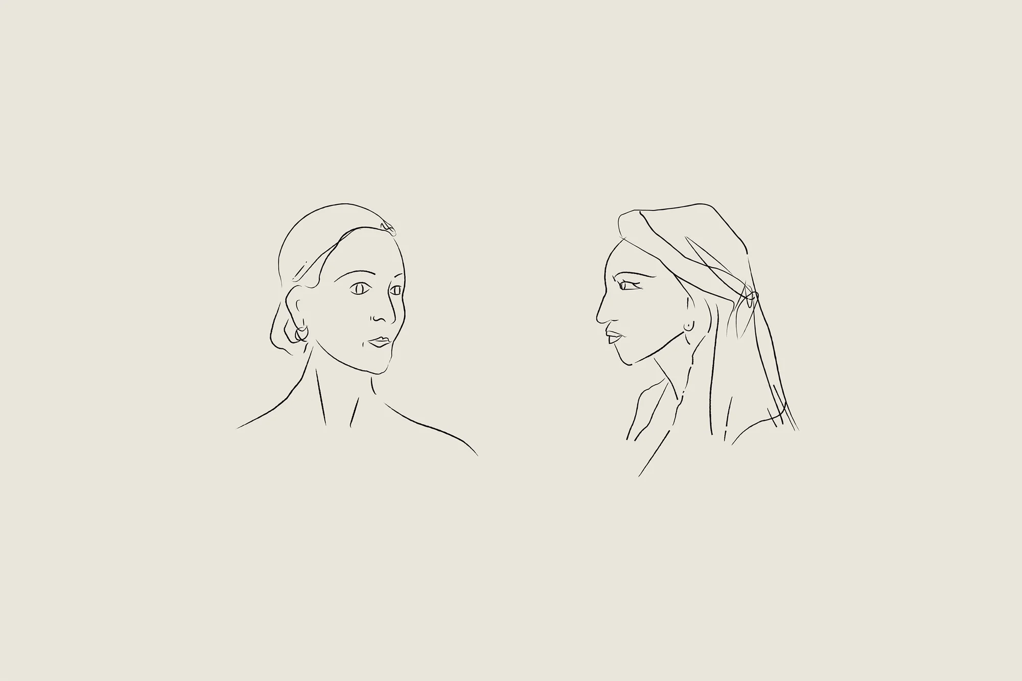 Line art illustration features two adult females in profile against a light beige backdrop, showcasing minimalist aesthetic and style.