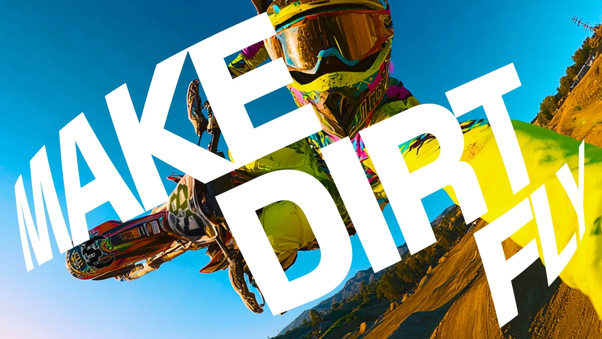Extreme low-angle action shot of a dirt biker performing a jump, silhouetted against a clear sky, with text overlay, creating a dynamic image.