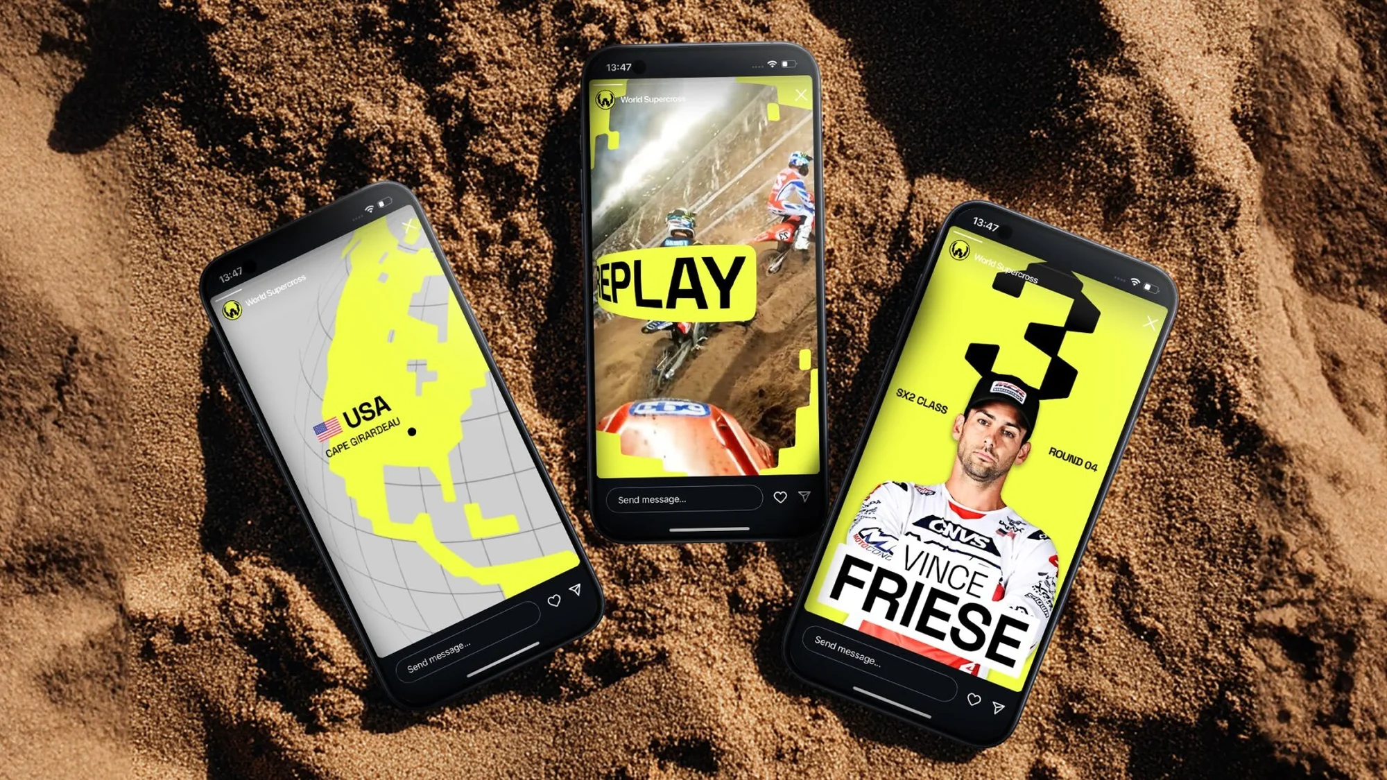 Three smartphones display social media content over a textured sand background with yellow and white design elements and racing footage.