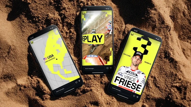Three smartphones display social media content over a textured sand background with yellow and white design elements and racing footage.