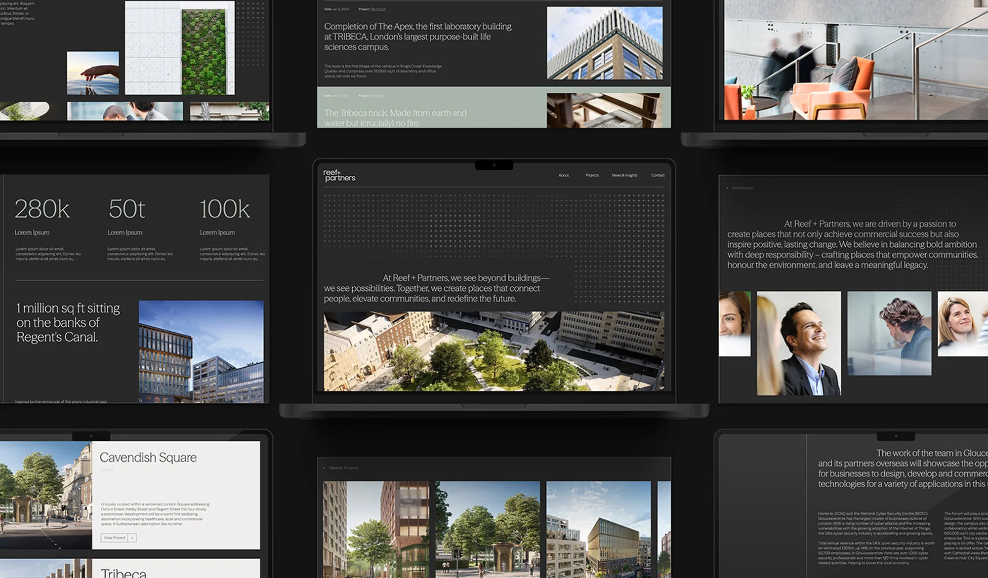 Multiple laptop screens display website designs featuring architecture, landscapes, and people in sleek, modern layouts with a dark color scheme.