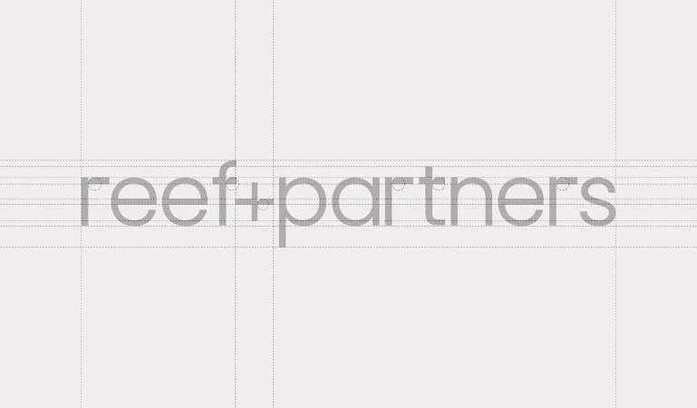Company logo featuring 'reef+partners' in a modern, sans-serif typeface, centered against a soft beige background with subtle gridlines.
