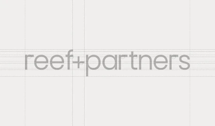 Logo typography for Reef + Partners displayed on a pale grey grid background