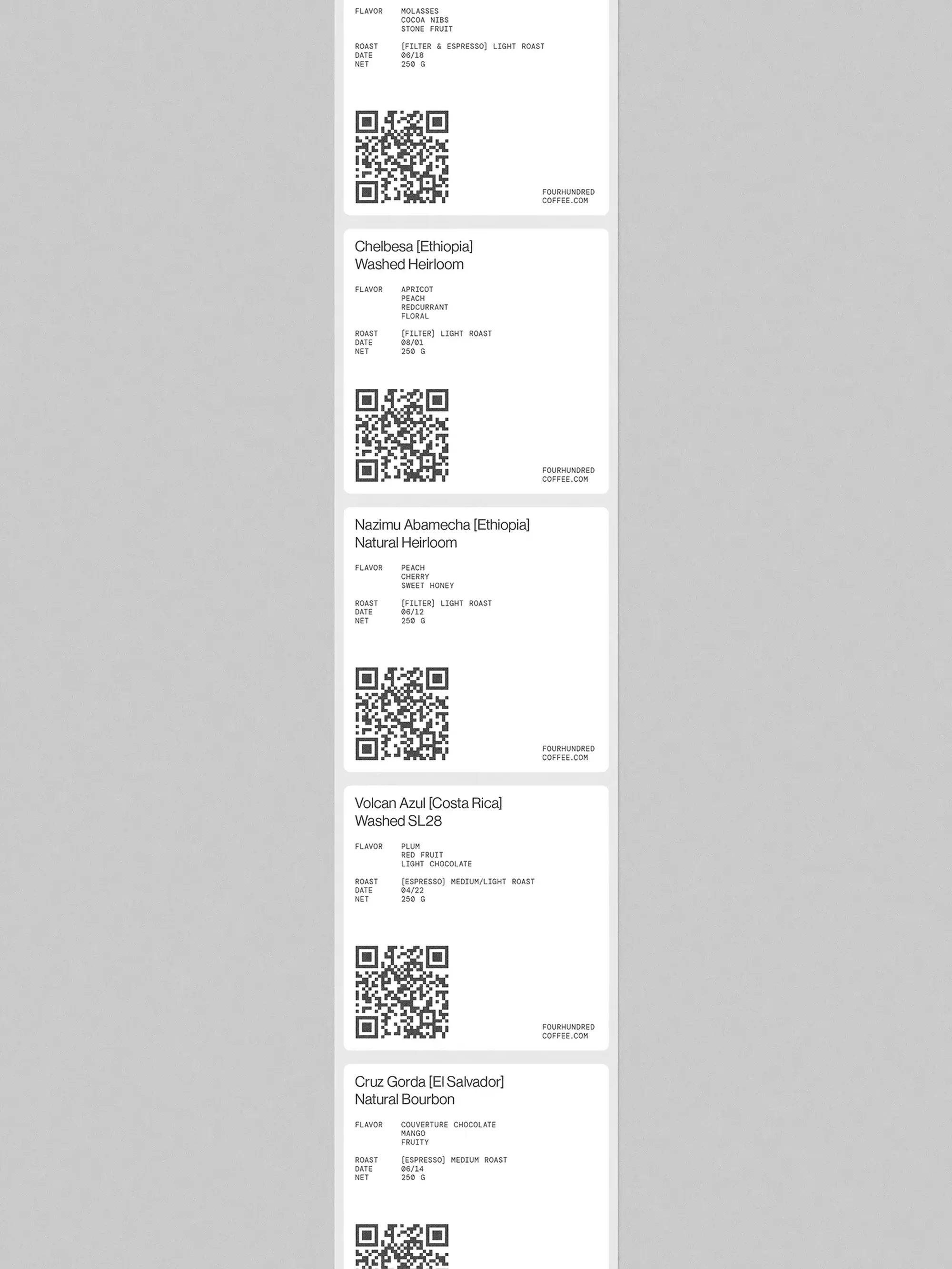 Close-up of coffee bean information cards featuring text, QR codes, and flavor profiles for various coffee bean origins.