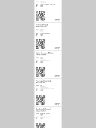 Close-up of coffee bean information cards featuring text, QR codes, and flavor profiles for various coffee bean origins.