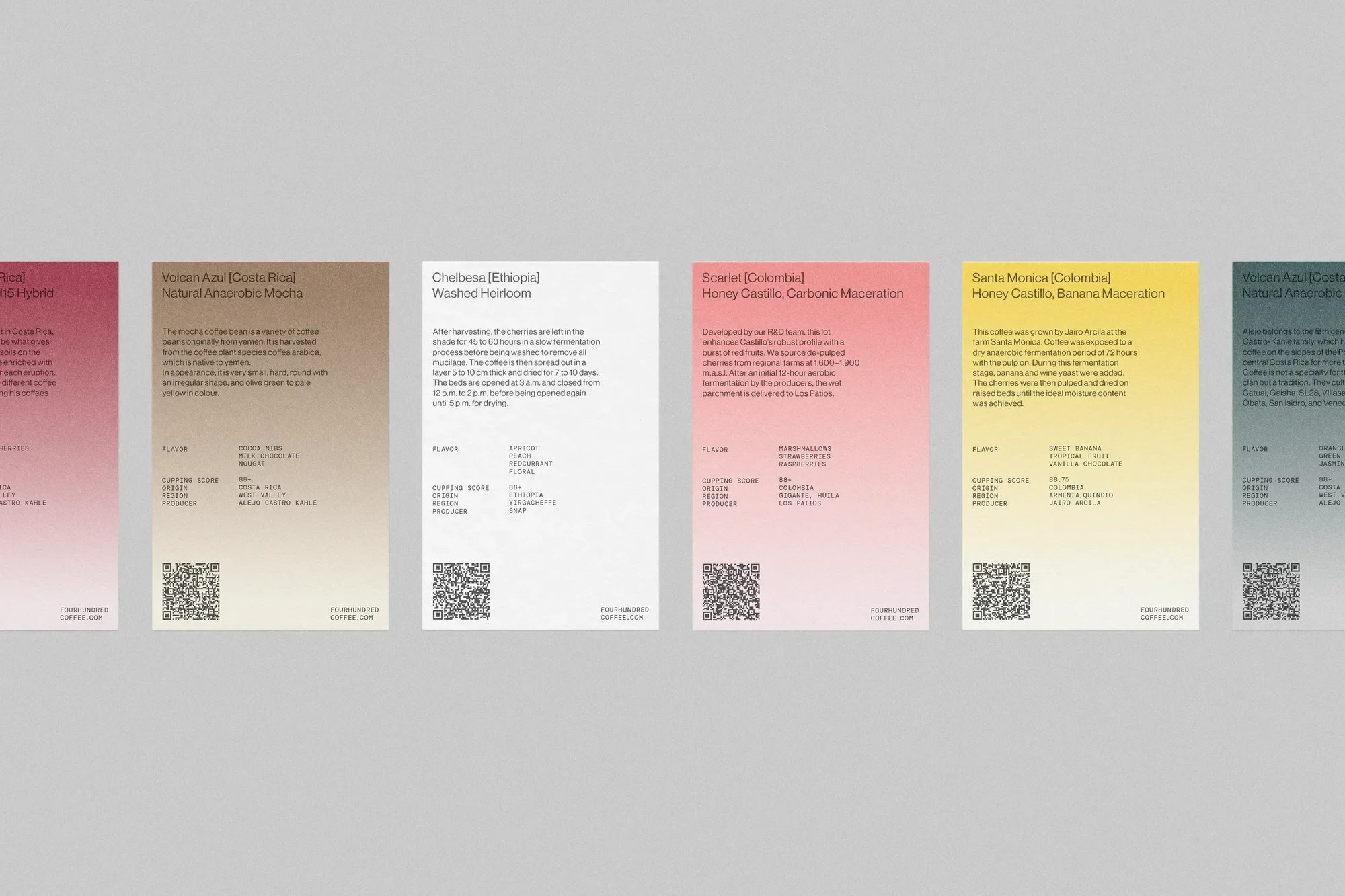 Close-up of six coffee bean origin cards displaying coffee bean origin, flavor profiles, and QR codes for more information.