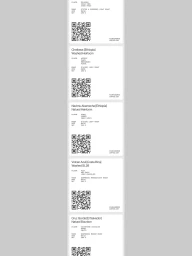 Vertical stack of five white minimalist coffee product label cards featuring typography and QR codes on a light grey background