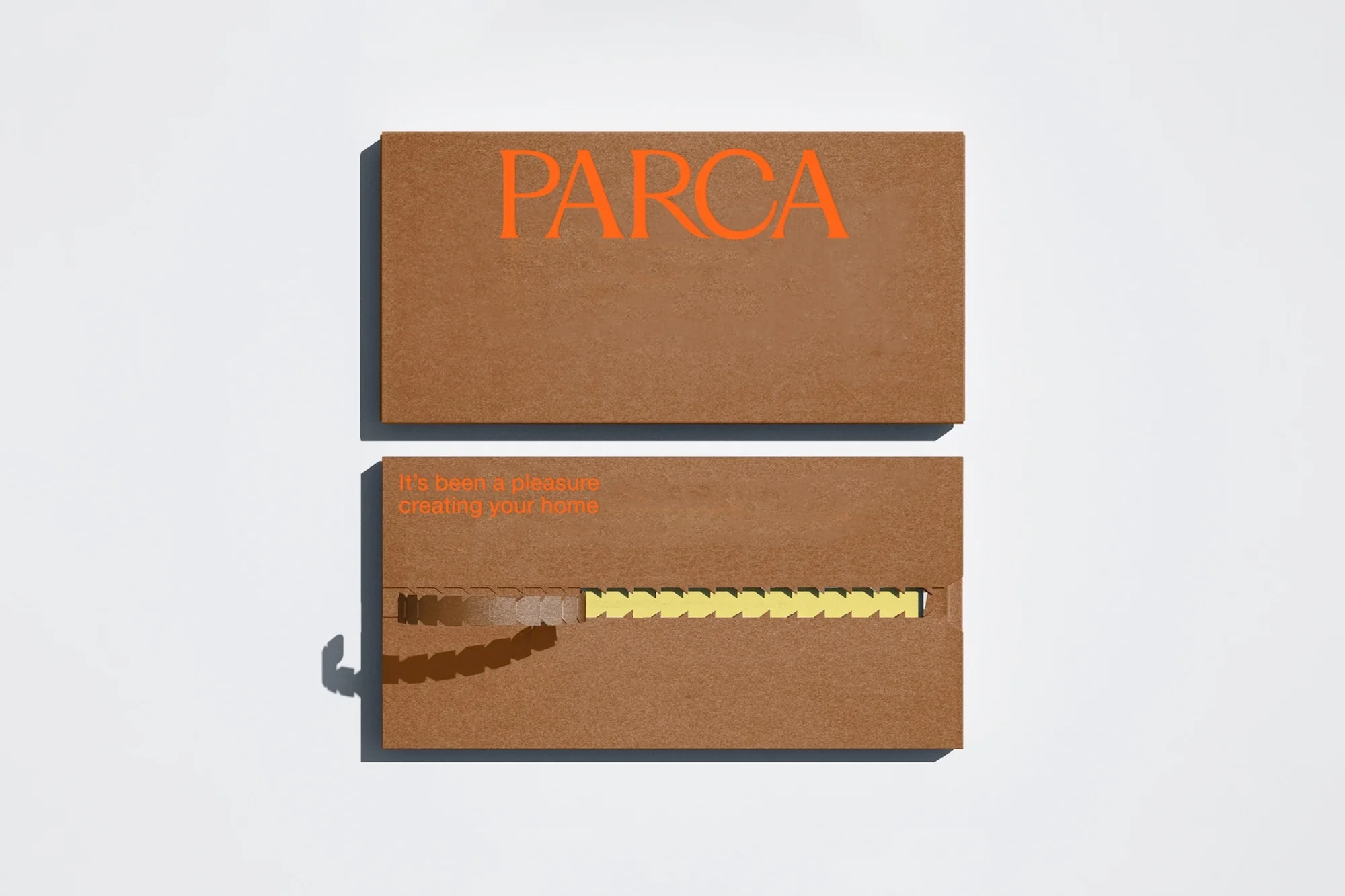 Promotional image of two brown rectangular cards with orange text and geometric cut-outs on a white background.