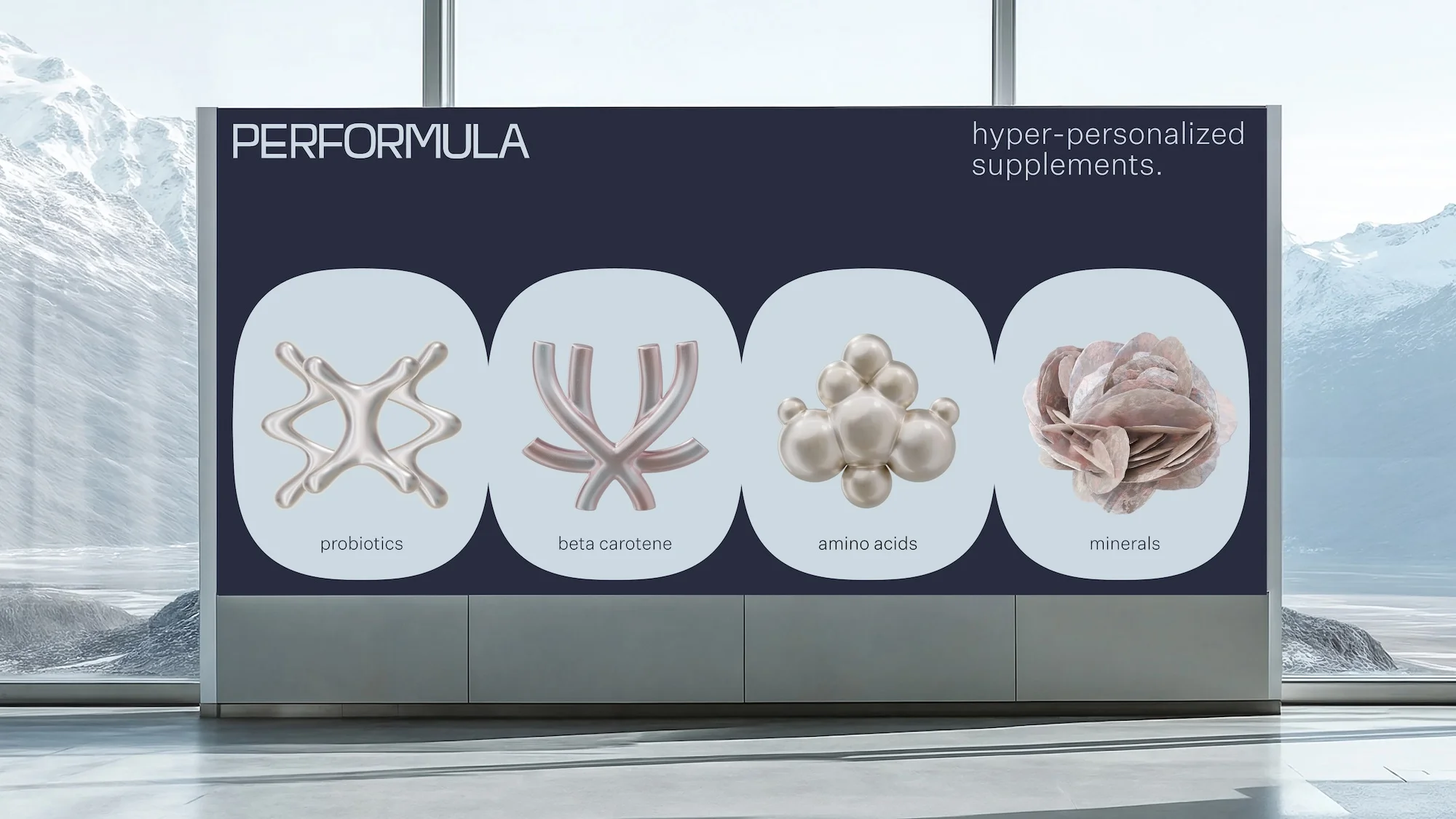 Product display featuring abstract renderings of probiotics, beta carotene, amino acids, and minerals against a snowy mountain backdrop.