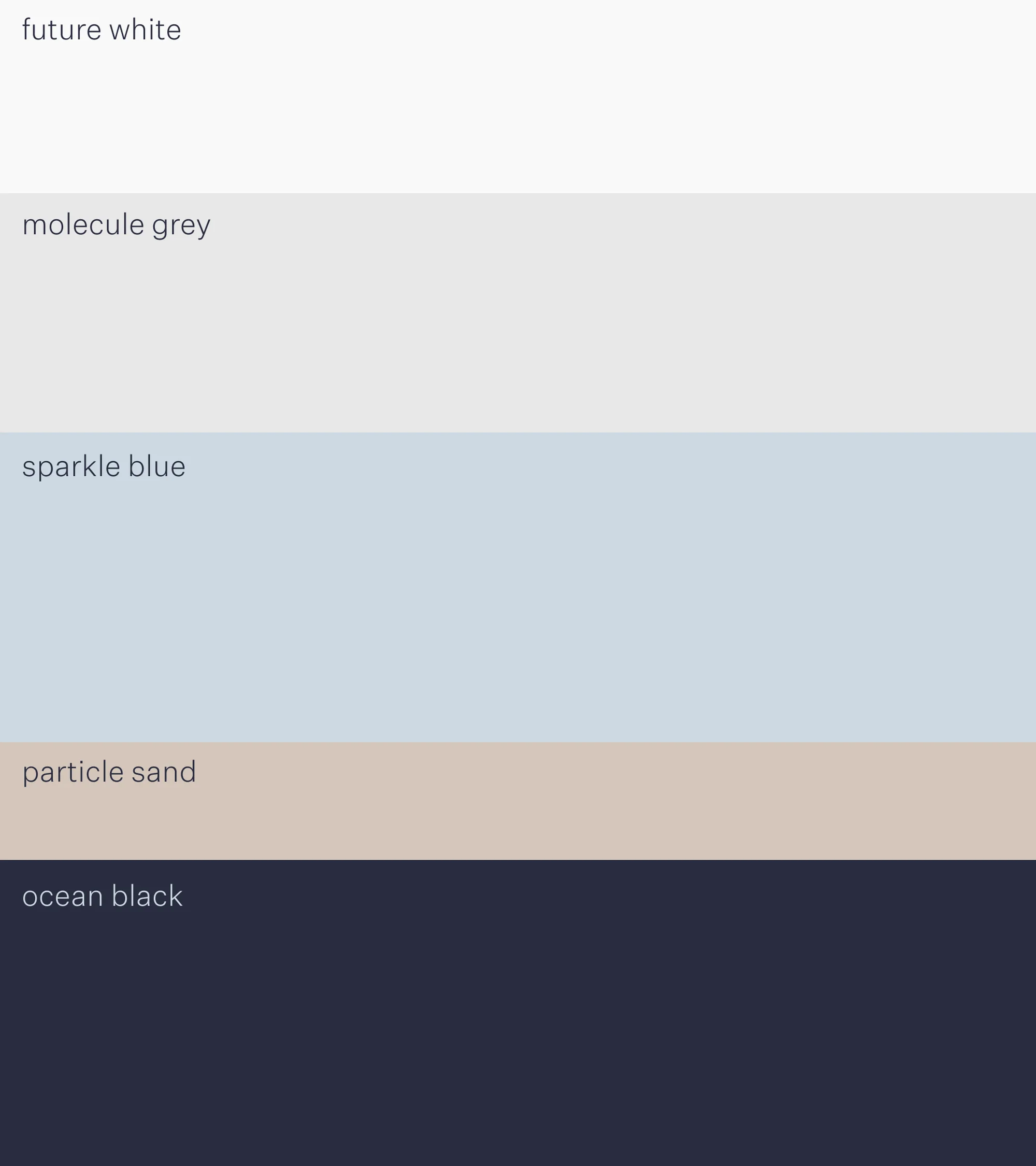 Color palette featuring horizontal bands of 'future white,' 'molecule grey,' 'sparkle blue,' 'particle sand,' and 'ocean black' paint.