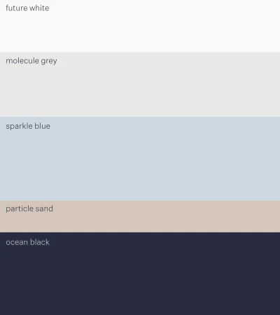 Color palette featuring horizontal bands of 'future white,' 'molecule grey,' 'sparkle blue,' 'particle sand,' and 'ocean black' paint.