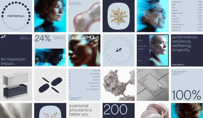 Collage grid of Performula brand identity featuring product packaging, typography, abstract 3D elements, and portraits.