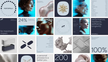 Collage grid of Performula brand identity featuring product packaging, typography, abstract 3D elements, and portraits.