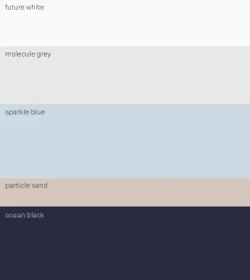 Color palette display with five horizontal color swatches including future white, molecule grey, sparkle blue, particle sand, and ocean black.