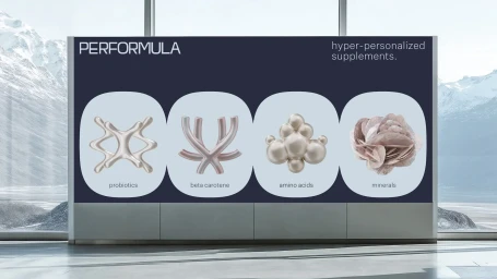 Large display showing Performula brand identity with four rounded panels containing 3D rendered supplement icons against mountain backdrop.