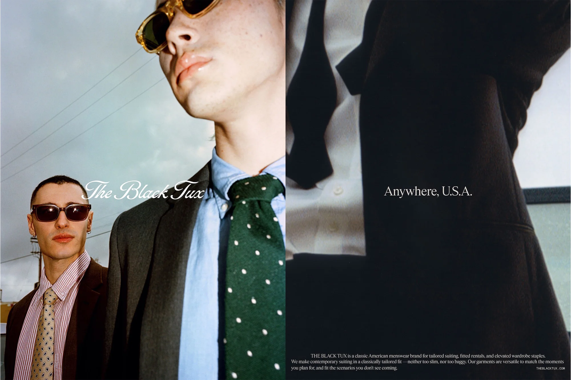 Two men in suits stand side-by-side. One wears sunglasses, the other has a tie. Text overlay says, 'The Black Tux, Anywhere, U.S.A.'