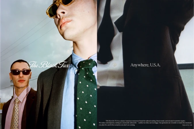 Two men in suits stand side-by-side. One wears sunglasses, the other has a tie. Text overlay says, 'The Black Tux, Anywhere, U.S.A.'