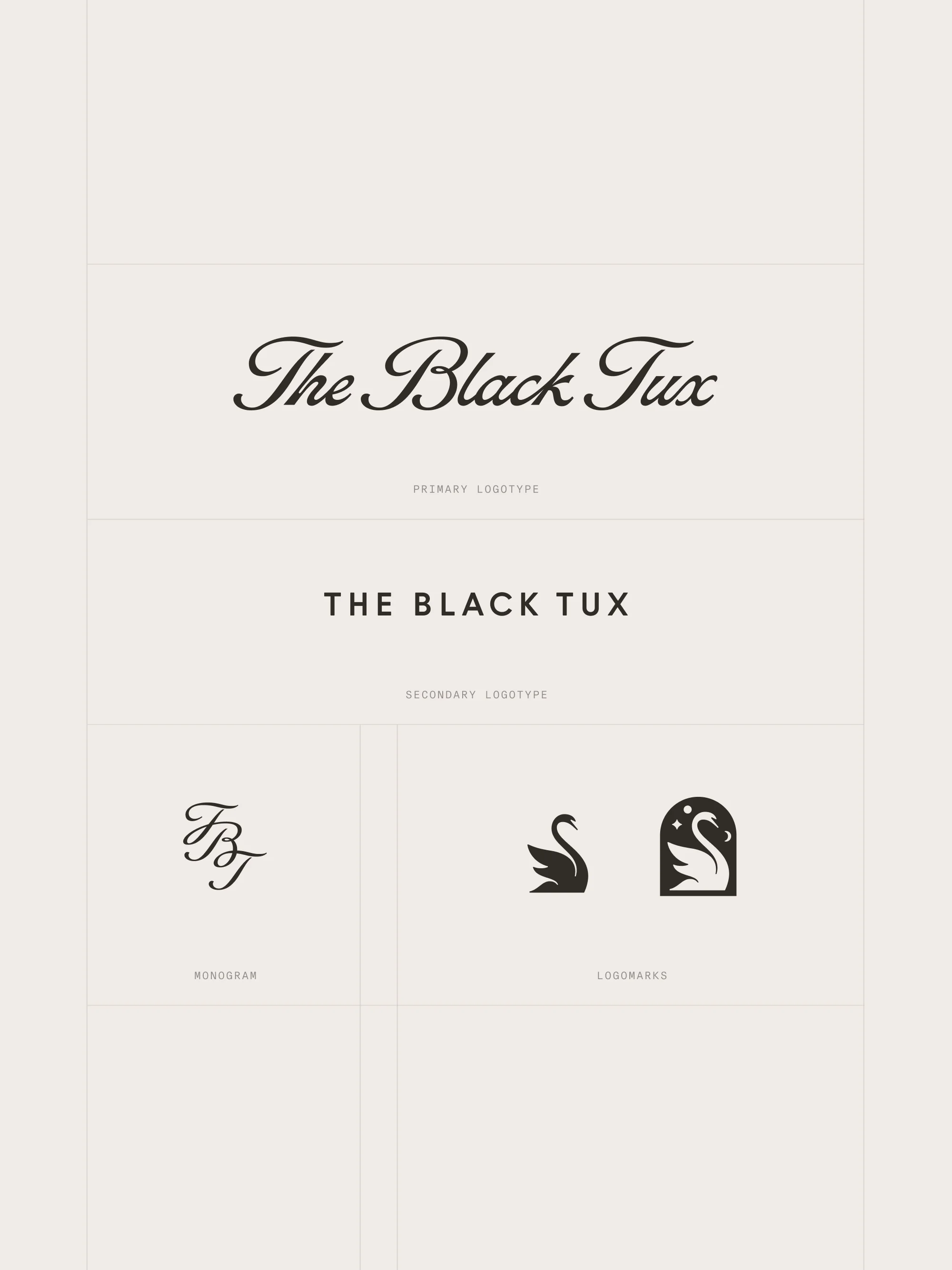 Collection of logos and logotypes in black ink against a light cream background showcasing brand identity and minimalist design aesthetics.