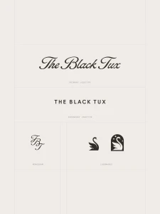 The Black Tux brand identity showcase featuring primary logotype, secondary logotype, monogram, and swan logomarks.