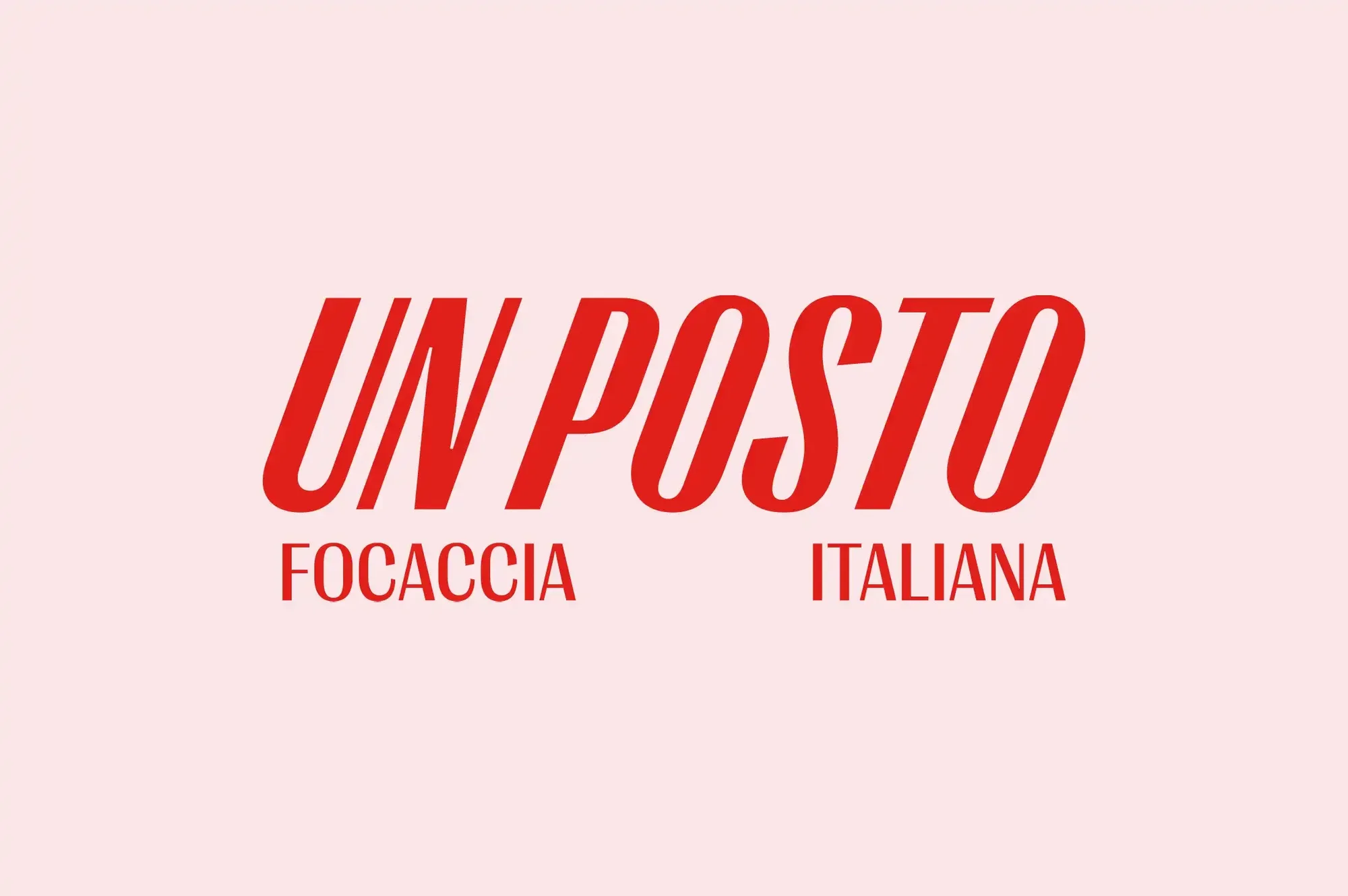 Graphic design for 'Un Posto' showcasing the words 'Focaccia Italiana' in red font on a pale pink background. Food and Beverage related imagery.