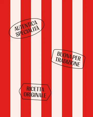 Red and white striped background with Italian text stamps reading 'Authentic Specialty', 'Good for Tradition' and 'Original Recipe'.