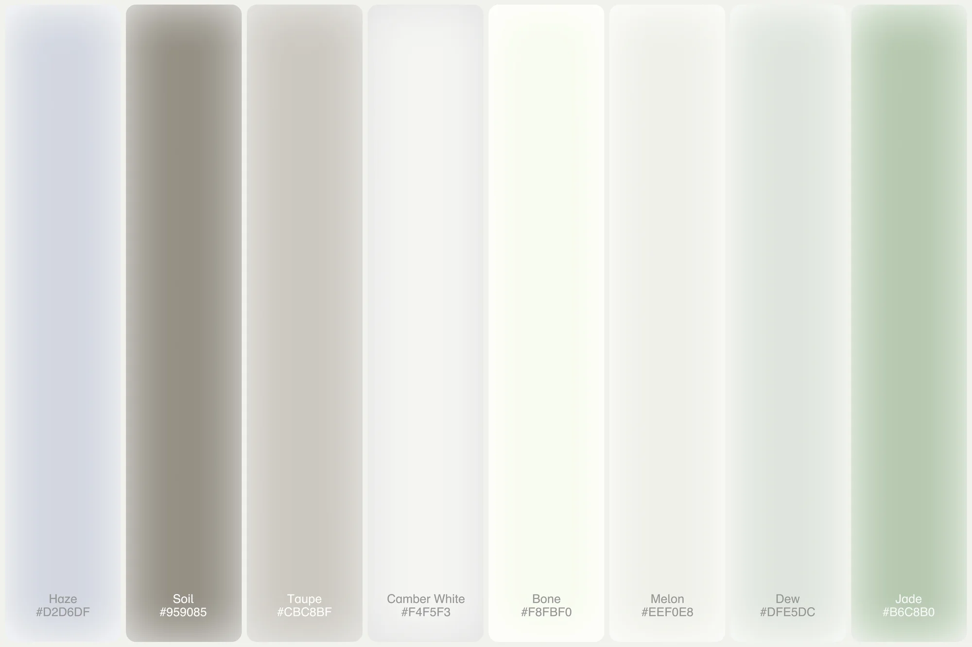 Color palette featuring a spectrum of muted tones including haze, soil, taupe, camber white, bone, melon, dew, and jade with corresponding hex codes.