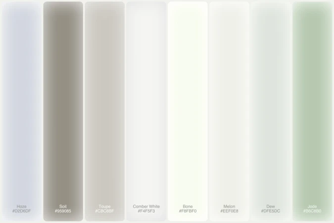 Color palette featuring a spectrum of muted tones including haze, soil, taupe, camber white, bone, melon, dew, and jade with corresponding hex codes.