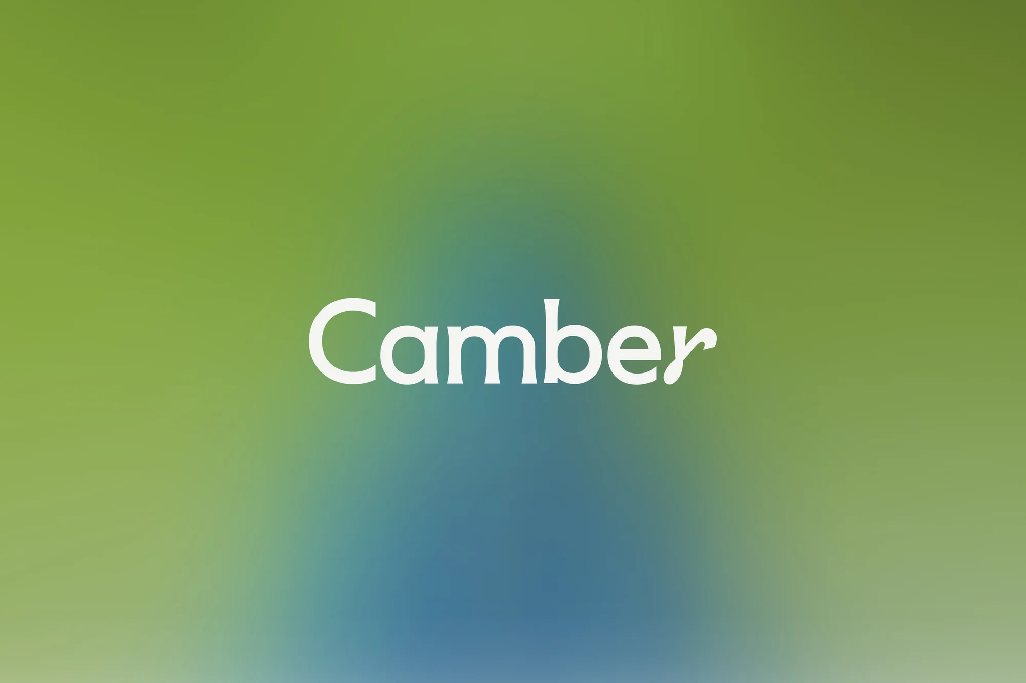 The word 'Camber' in a white handwritten-style font over a gradient blue-to-green background with a blurred, out-of-focus appearance.