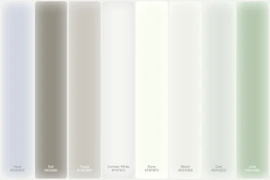 Camber brand identity colour palette featuring vertical swatches with labels including Haze, Soil, Taupe, and Jade.