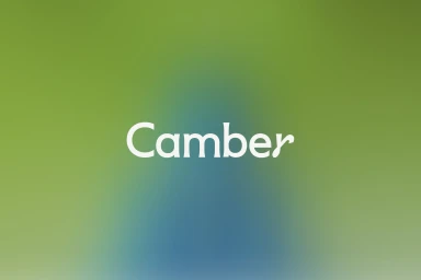 Camber brand identity wordmark centered over a gradient green and blue blurred background.