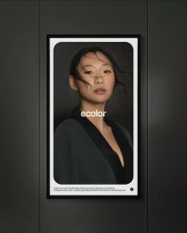 Digital screen displaying a portrait of an East Asian woman with dark hair and a dark top for Ecolor brand identity.