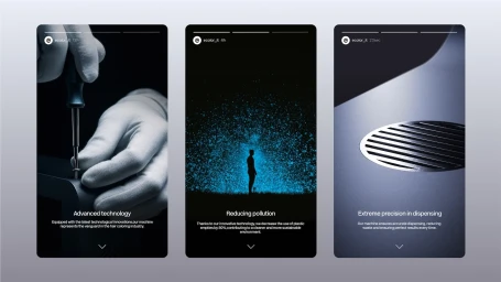 Three vertical mockup screens displaying Ecolor brand identity design with machinery details, silhouettes, and product surfaces.