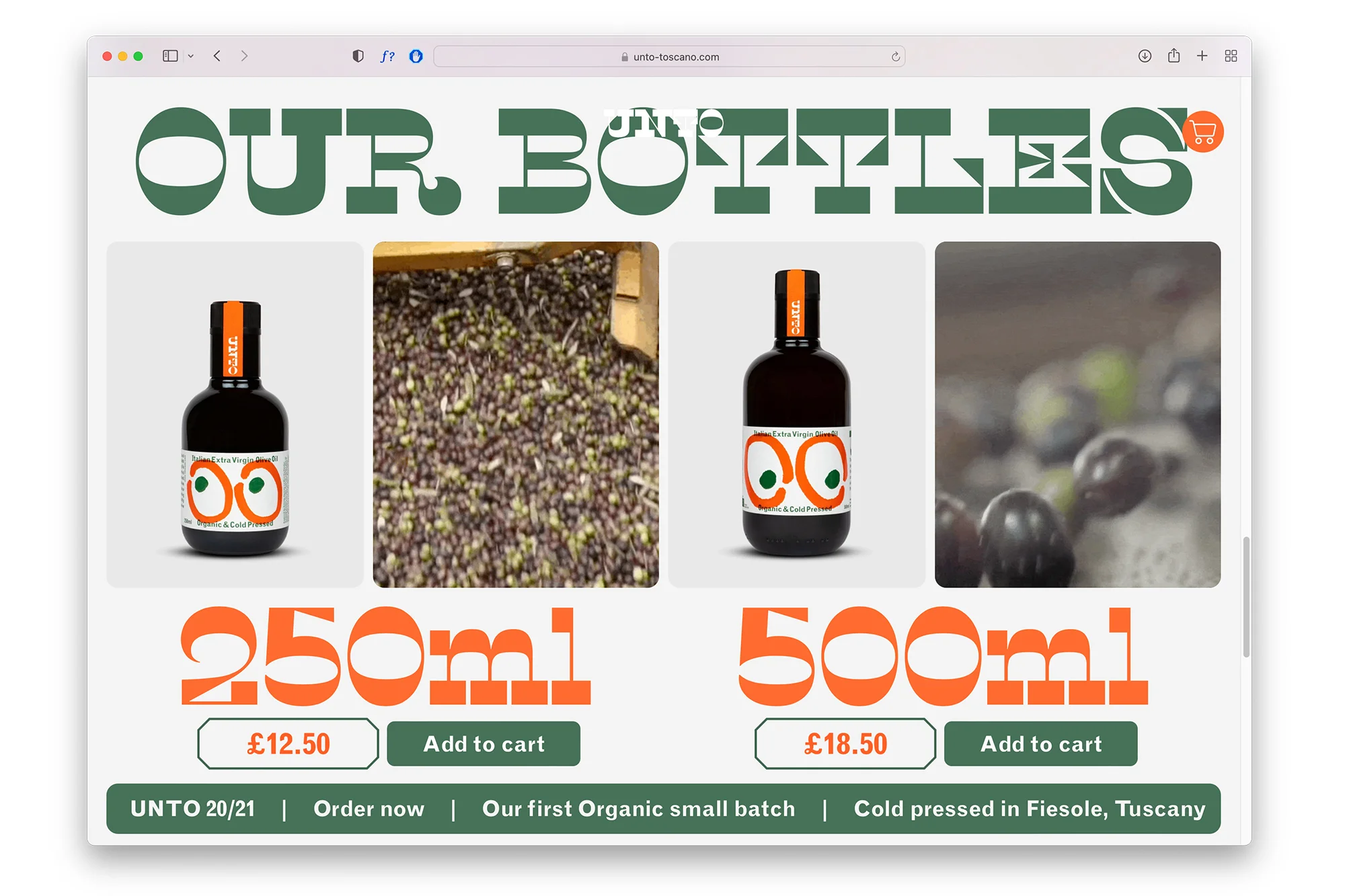 Product page for UNTO olive oil featuring two bottles of oil and an image of olives in a crate. Olive oil bottles are black with white labels.