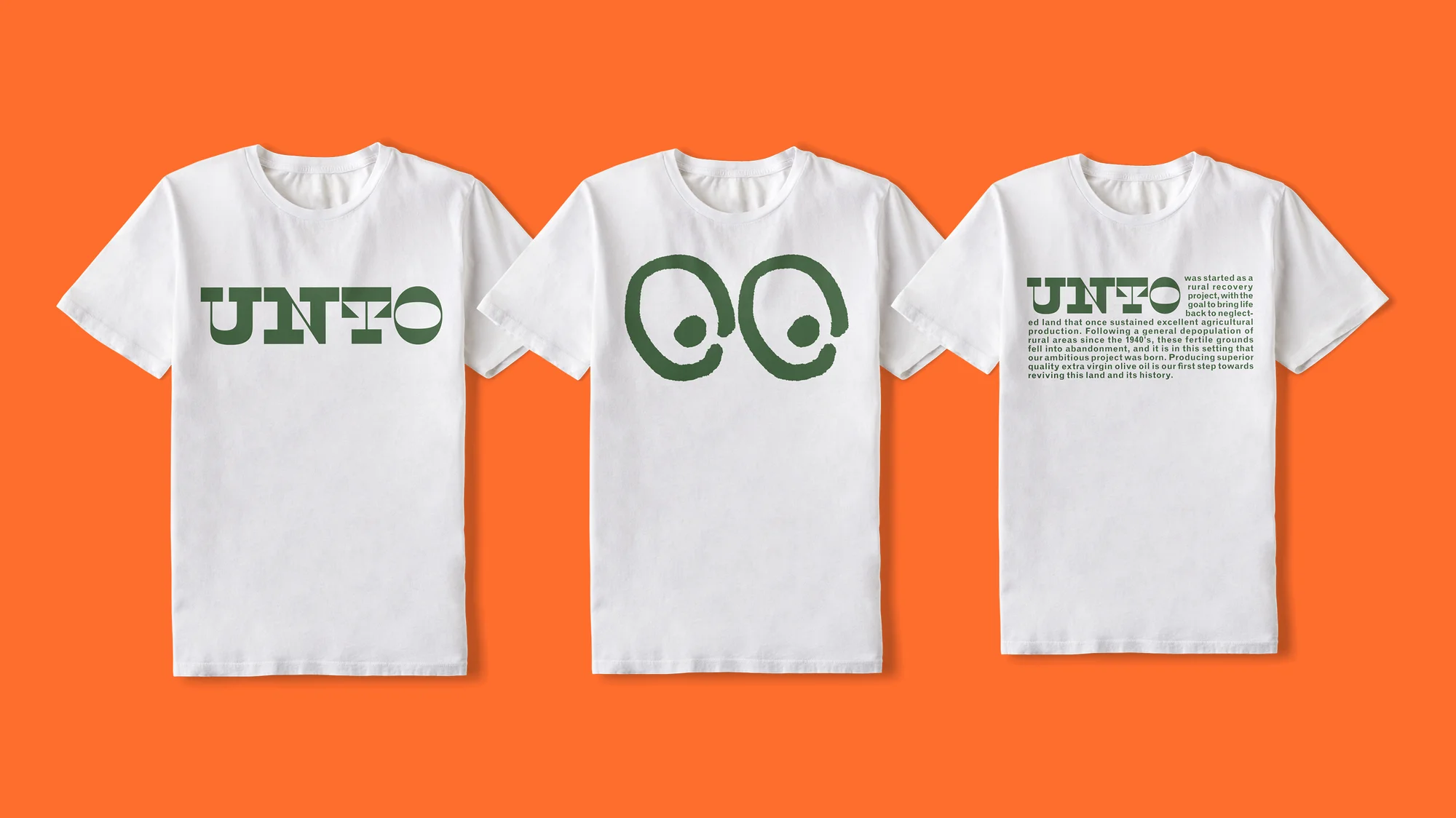Three white t-shirts displaying different green graphic designs stand against a solid orange backdrop in a studio shot.