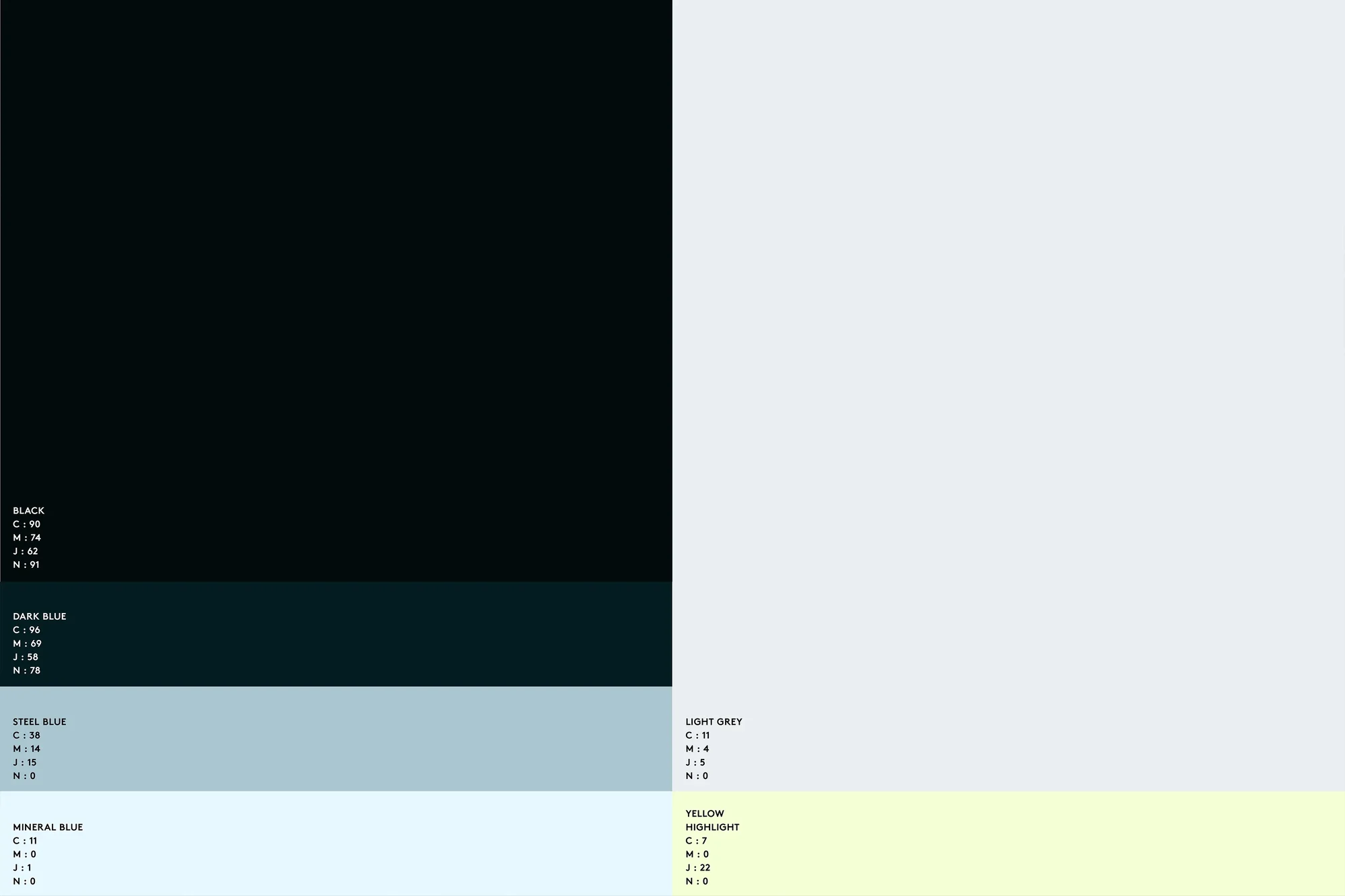 Color palette featuring black, dark blue, steel blue, mineral blue, light grey, and yellow highlight swatches with CMJN color codes.