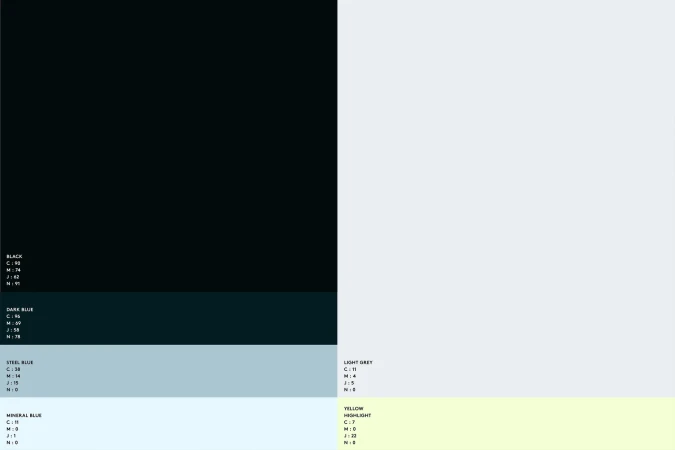 Color palette featuring black, dark blue, steel blue, mineral blue, light grey, and yellow highlight swatches with CMJN color codes.