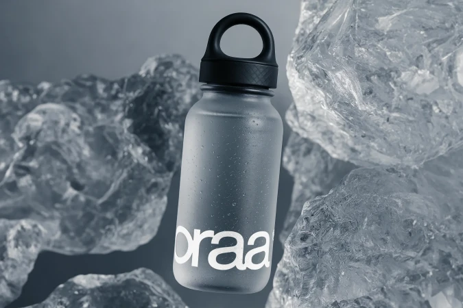 Icy still life of a water bottle surrounded by ice chunks. Bottle is condensated, with the text 'oraa' on the side.
