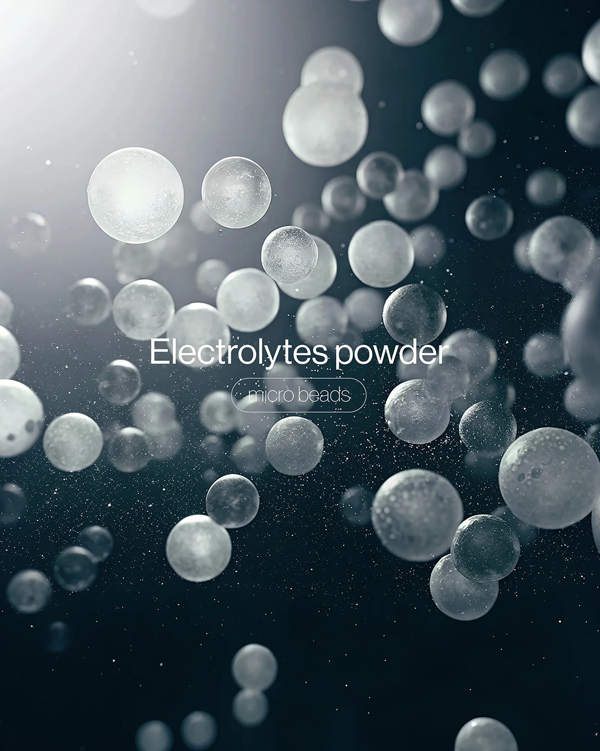 Abstract product shot of many translucent spheres with a dark background. Electrolytes powder and micro beads text is visible.